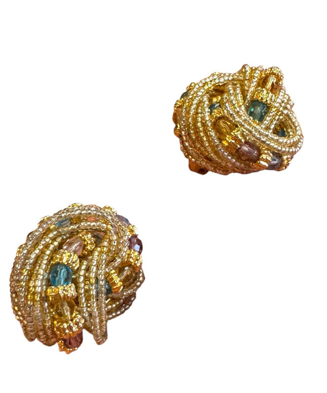 Elegant Gold and Multicolor Micro Beaded clip on Earrings