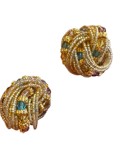 Elegant Gold and Multicolor Micro Beaded clip on Earrings