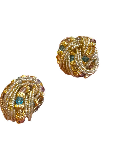 Elegant Gold and Multicolor Micro Beaded clip on Earrings
