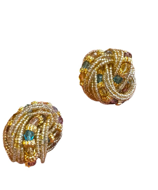 Elegant Gold and Multicolor Micro Beaded clip on Earrings