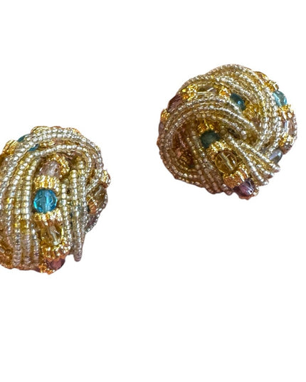 Elegant Gold and Multicolor Micro Beaded clip on Earrings