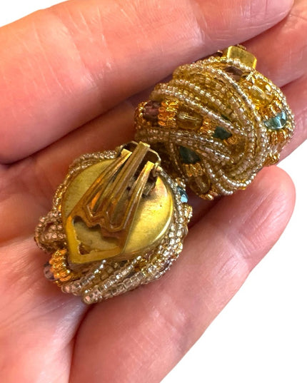 Elegant Gold and Multicolor Micro Beaded clip on Earrings