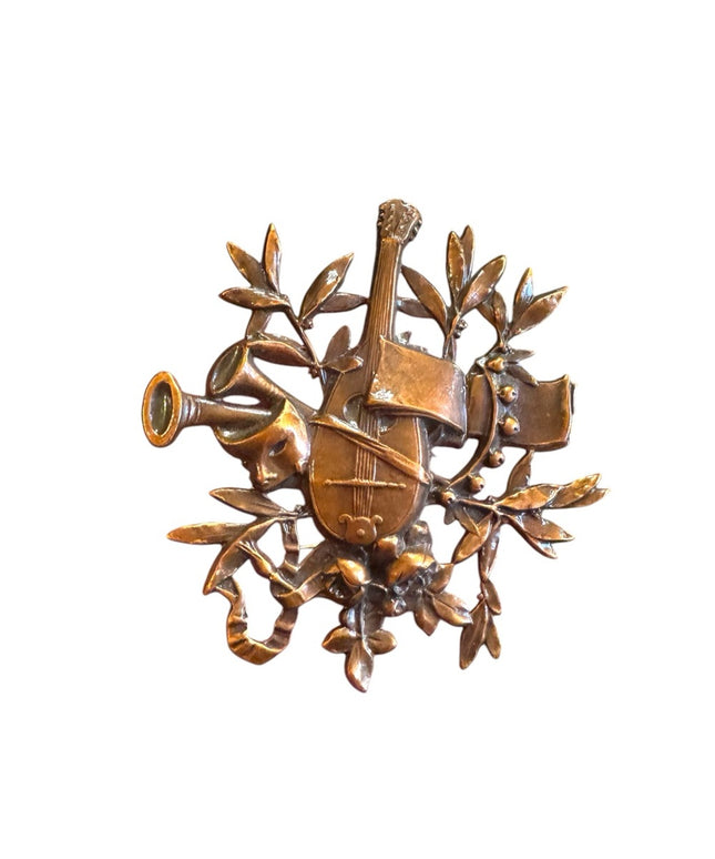 Vintage musical copper floral brooch