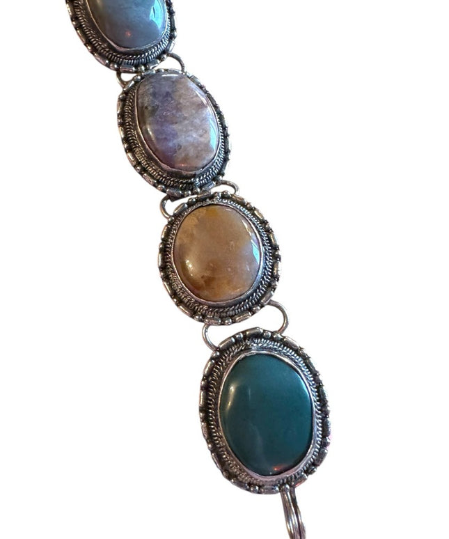 Vintage silver large chunky link Scottish Agate Multi-Color Stone Bracelet oval