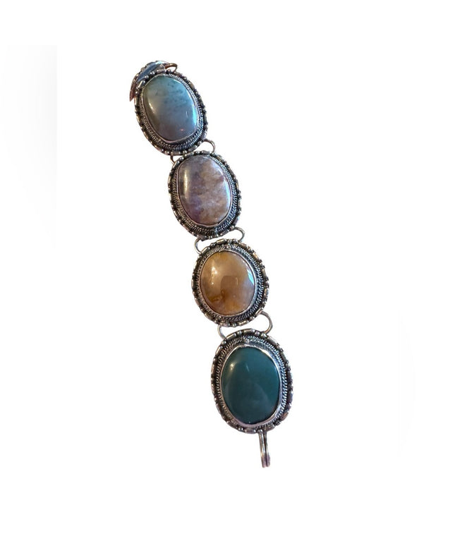 Vintage silver large chunky link Scottish Agate Multi-Color Stone Bracelet oval