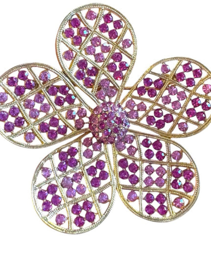 Elegant 1970s Gold Large flower pink crystal Brooch Corocraft