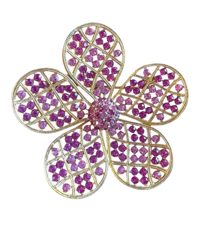 Elegant 1970s Gold Large flower pink crystal Brooch Corocraft