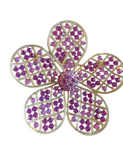 Elegant 1970s Gold Large flower pink crystal Brooch Corocraft
