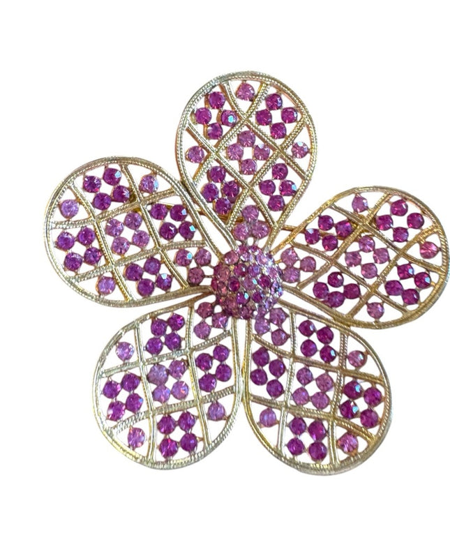 Elegant 1970s Gold Large flower pink crystal Brooch Corocraft
