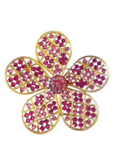 Elegant 1970s Gold Large flower pink crystal Brooch Corocraft