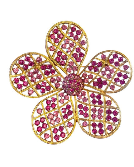 Elegant 1970s Gold Large flower pink crystal Brooch Corocraft