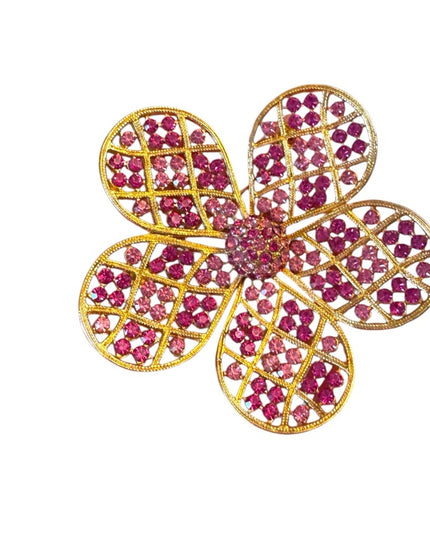 Elegant 1970s Gold Large flower pink crystal Brooch Corocraft