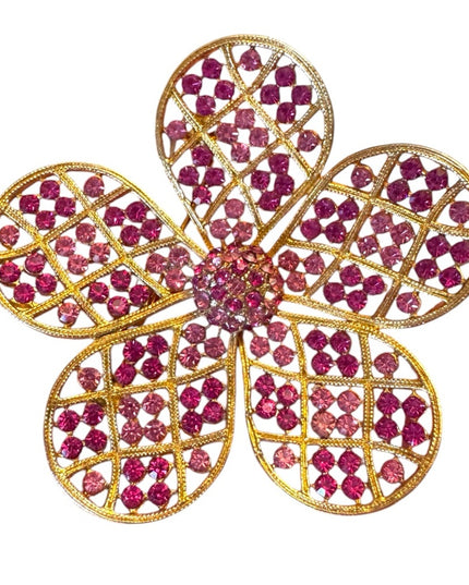 Elegant 1970s Gold Large flower pink crystal Brooch Corocraft