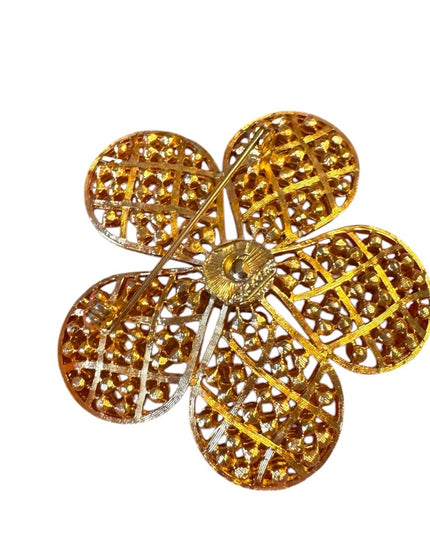 Elegant 1970s Gold Large flower pink crystal Brooch Corocraft