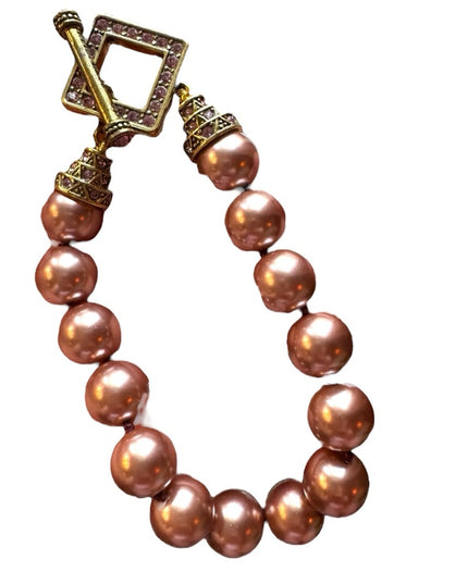 Elegant Glass Pearl pink Iridescent Gold crystal Heidi Daus Beaded Bracelet