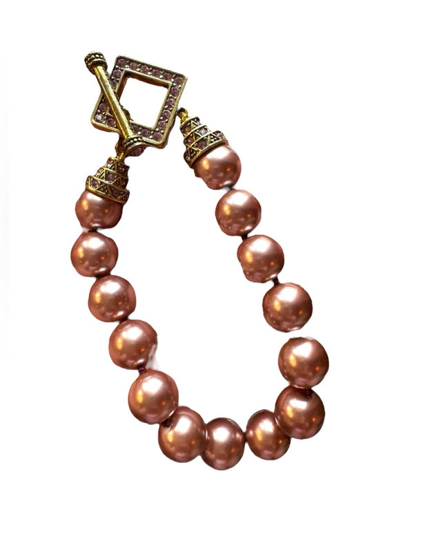 Elegant Glass Pearl pink Iridescent Gold crystal Heidi Daus Beaded Bracelet