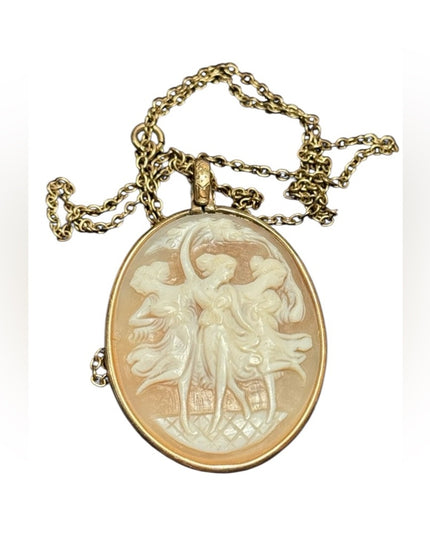 Vintage carved shell cameo pendant “Three Graces” Gold plt with chain