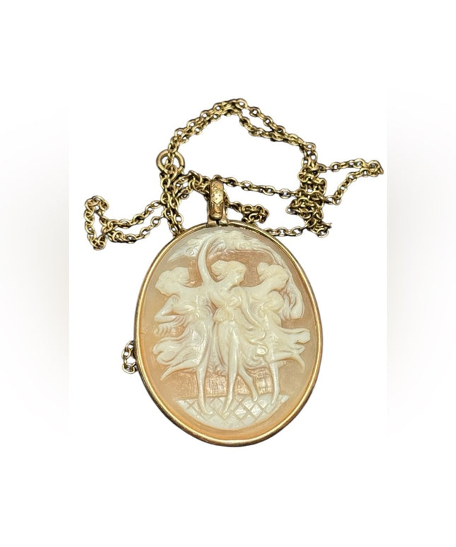 Vintage carved shell cameo pendant “Three Graces” Gold plt with chain