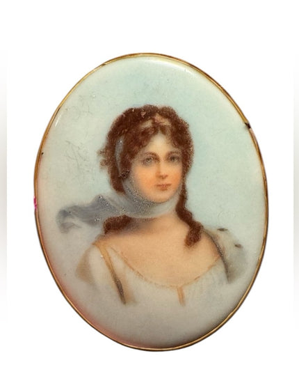 Vintage Large Ceramic painted brooch 64x50mm gold finish