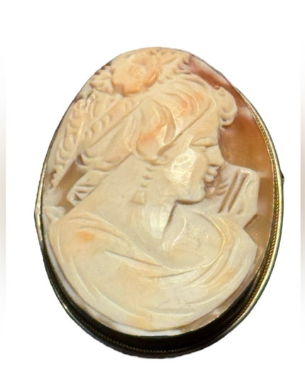 Lovely large vintage carved shell cameo gold filled pendant brooch 800 silver