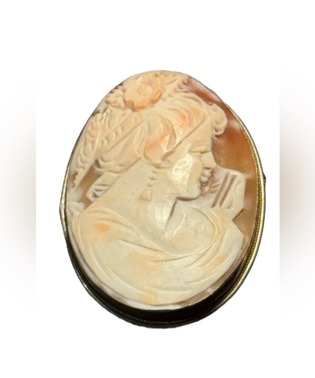Lovely large vintage carved shell cameo gold filled pendant brooch 800 silver