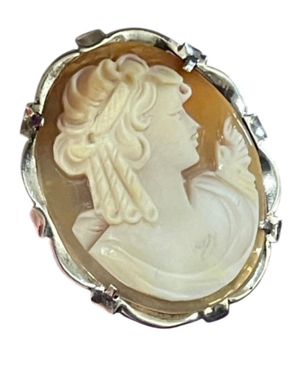 Lovely vintage 1970s Fancy sterling silver 925 Carved lady shell brooch pendant
