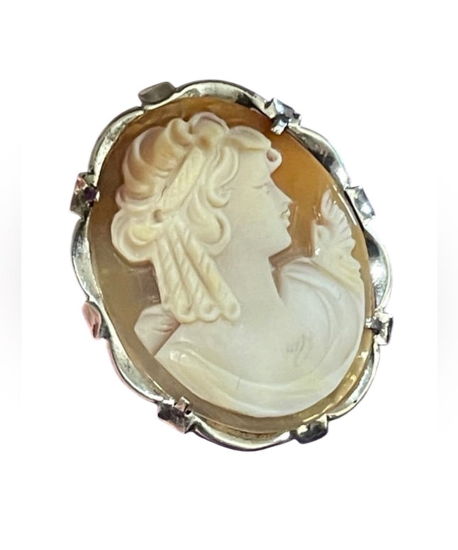 Lovely vintage 1970s Fancy sterling silver 925 Carved lady shell brooch pendant