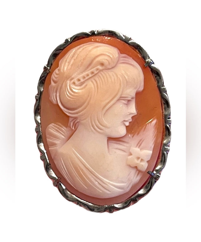 Lovely LARGE vintage sterling silver hand carved Italy Cameo lady brooch
