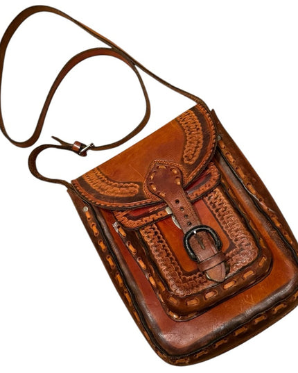 Vintage Mexico Aztec 1950s Brown Leather Tooled Crossbody Bag