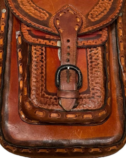 Vintage Mexico Aztec 1950s Brown Leather Tooled Crossbody Bag