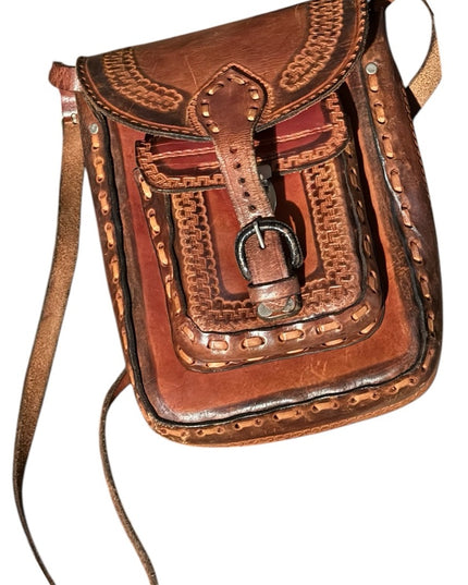 Vintage Mexico Aztec 1950s Brown Leather Tooled Crossbody Bag