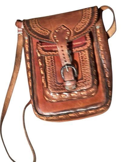 Vintage Mexico Aztec 1950s Brown Leather Tooled Crossbody Bag