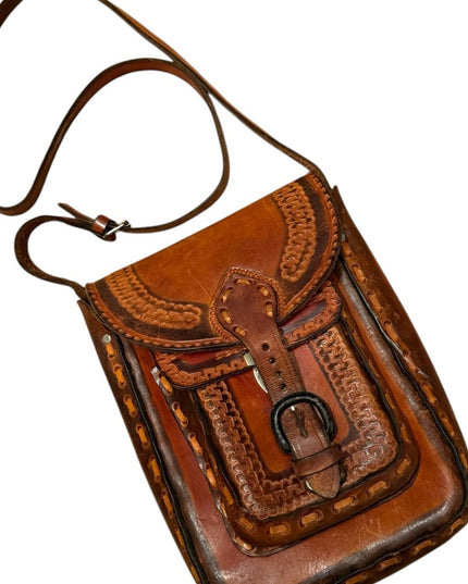 Vintage Mexico Aztec 1950s Brown Leather Tooled Crossbody Bag