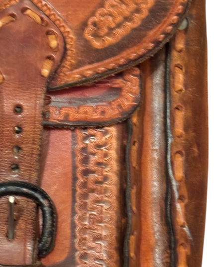 Vintage Mexico Aztec 1950s Brown Leather Tooled Crossbody Bag