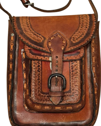 Vintage Mexico Aztec 1950s Brown Leather Tooled Crossbody Bag