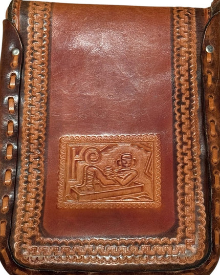 Vintage Mexico Aztec 1950s Brown Leather Tooled Crossbody Bag