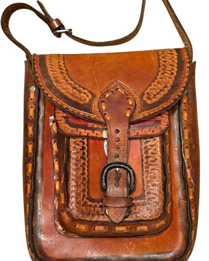 Vintage Mexico Aztec 1950s Brown Leather Tooled Crossbody Bag