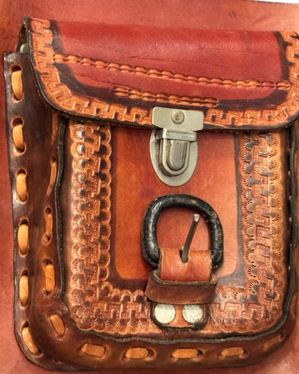 Vintage Mexico Aztec 1950s Brown Leather Tooled Crossbody Bag