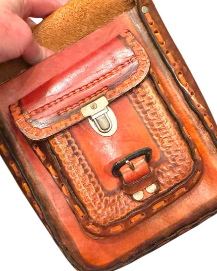 Vintage Mexico Aztec 1950s Brown Leather Tooled Crossbody Bag