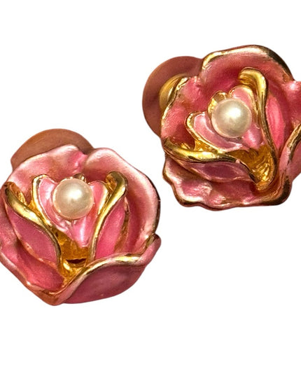 Lovely Pink Floral enameled Pearl Earrings Gold finish