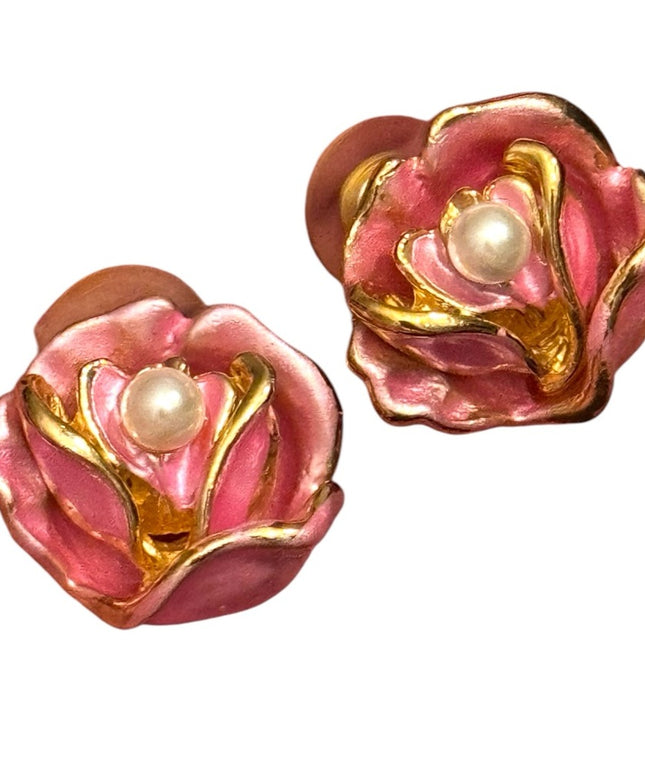 Lovely Pink Floral enameled Pearl Earrings Gold finish
