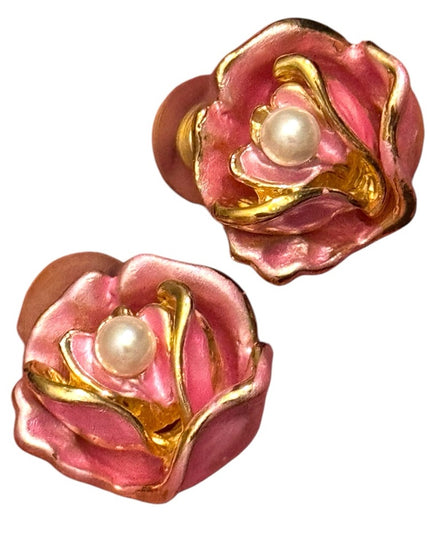 Lovely Pink Floral enameled Pearl Earrings Gold finish