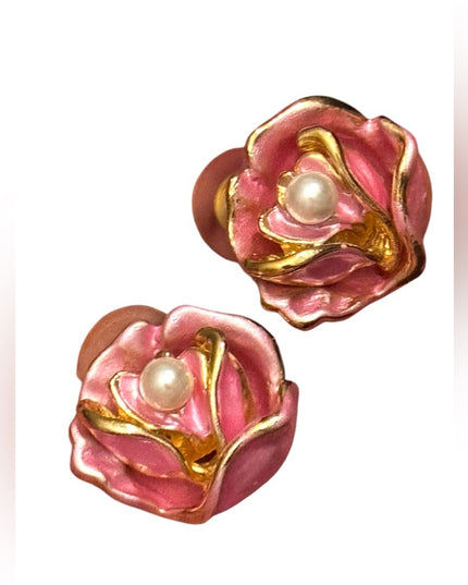 Lovely Pink Floral enameled Pearl Earrings Gold finish