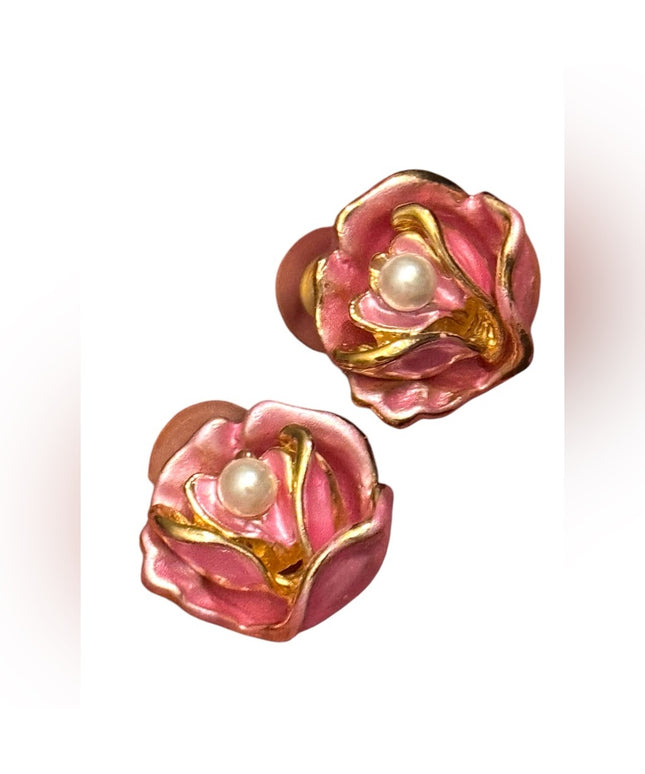 Lovely Pink Floral enameled Pearl Earrings Gold finish