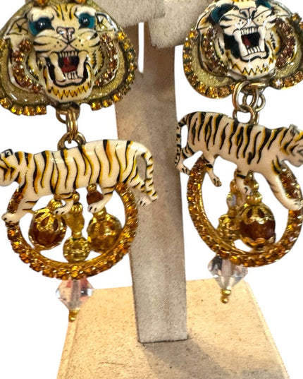 Lunch At The Ritz NEW Tiger Motif Gold Crystal rhinestone Earrings