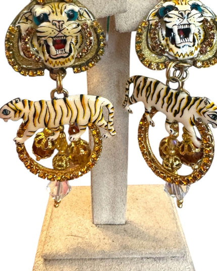 Lunch At The Ritz NEW Tiger Motif Gold Crystal rhinestone Earrings