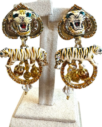 Lunch At The Ritz NEW Tiger Motif Gold Crystal rhinestone Earrings
