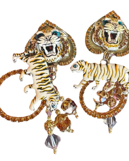Lunch At The Ritz NEW Tiger Motif Gold Crystal rhinestone Earrings