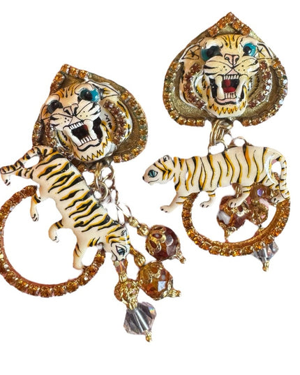Lunch At The Ritz NEW Tiger Motif Gold Crystal rhinestone Earrings