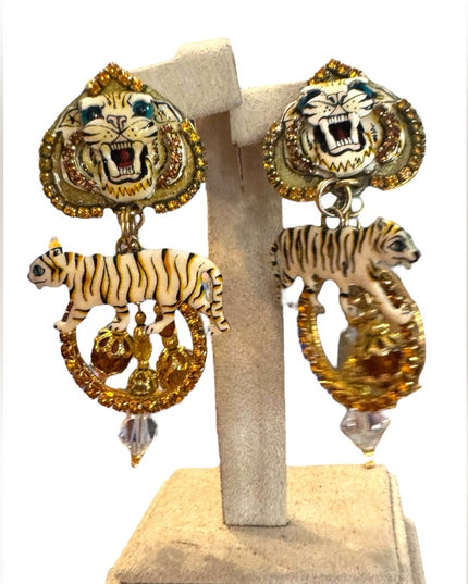 Lunch At The Ritz NEW Tiger Motif Gold Crystal rhinestone Earrings